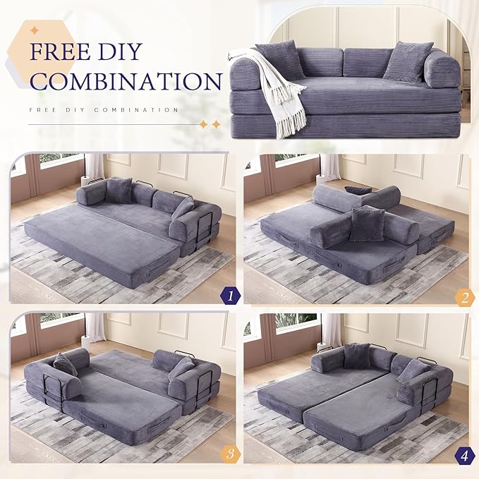 Convertible Folding Sofa Bed Corduroy Sleeper Mattress Couch with Fixed-Shape Frame Free Combination Loveseat Lounge Floor Sofa Queen Size Memory Foam Couch for Living Room Bedroom Ash Grey