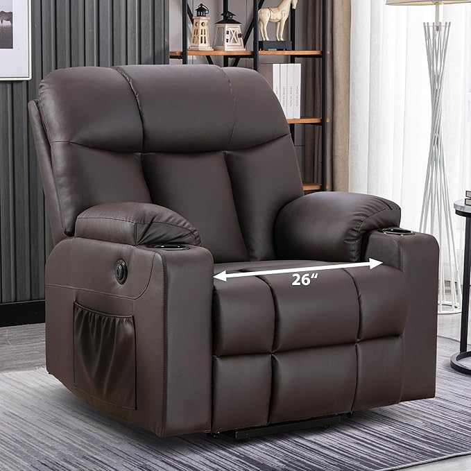 Bonzy Home Lift Recliner Chair for Elderly Oversized Faux Leather Lift Chair with Heat and Massage Extra Wide Single Sofa with 2 Cup Holders Side Pockets USB Port Brown
