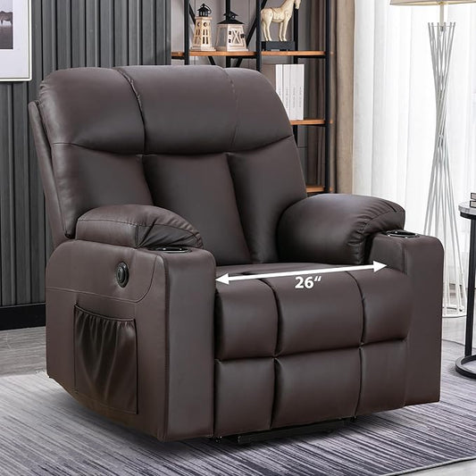 Bonzy Home Lift Recliner Chair for Elderly Oversized Faux Leather Lift Chair with Heat and Massage Extra Wide Single Sofa with 2 Cup Holders Side Pockets USB Port Brown