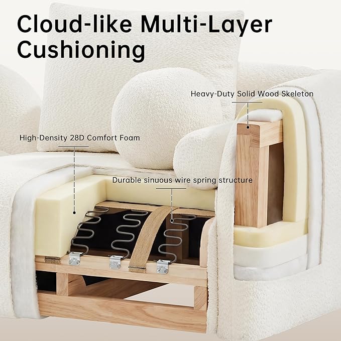 Modern Curved Sofa 3-Seater Comfy Cloud Boucle Couch with Wood Leg &amp Pillows Minimalist Sofas for Living Room Apartment Cream White 91.75‘’ | Curved design 6 sofa pillows Simple assembly Mo