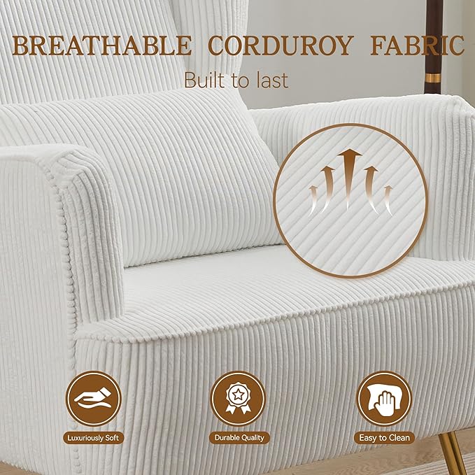 Living Room Chairs Corduroy Accent Armchair with Lumbar Pillow &amp Gold Leg 8.5 Thick Cushion Mid Century Modern High Wingback Bedroom Chairs Upholstered Comfy Sofa Arm Chair White