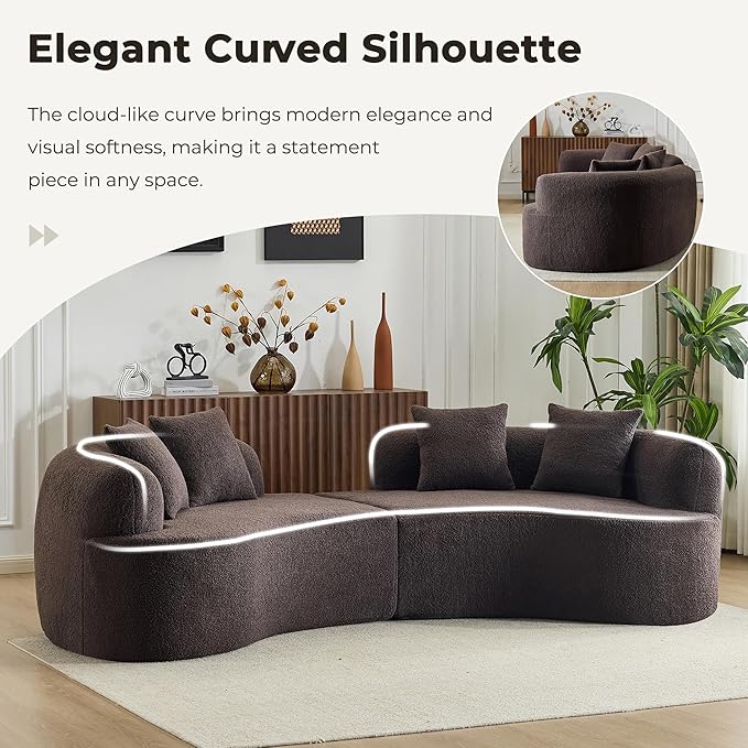 106.7'' Modern Curved Sectional Sofa Luxury Teddy Velvet Upholstered Couch Comfy Cloud Compressed Sofa with 4 Pillows for Living Room Apartment No Assembly Needed Brown