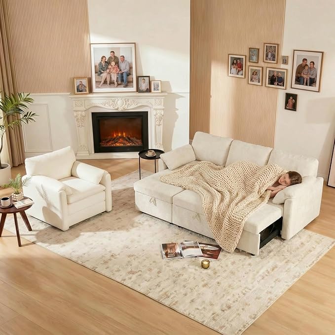 Tbfit Pull Out Sofa Bed with Chair 3 in 1 Sleeper Sofa Couch with USB &amp Storage Chaise Comfy Convertible Sleeper Sofas for Living Room Small Spaces White