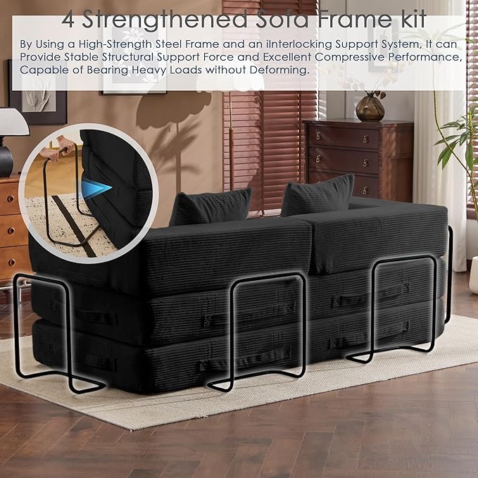 Convertible Sleep Sofa Bed with Armrests and Backrest Corduroy Folding Couch with 2 Pillow Modular Sectional for Living Room Bedroom Studio-No Assembly NeededBlack
