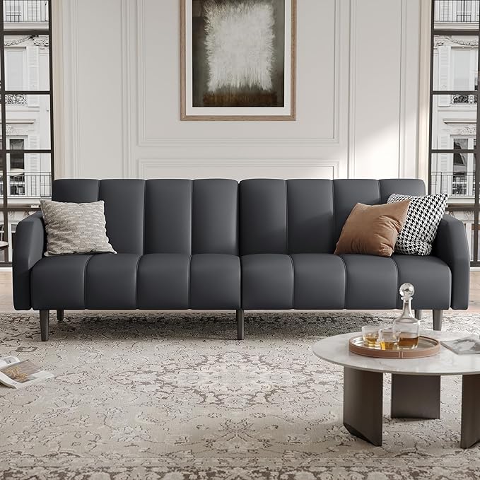Faux Leather Sofa Bed 78“ Futon Sofa Bed Adjustable Futon Set Backrest Sleeper Sofa Couch Modern Decor Love Seat Couches Upholstered Couch for Living Room Bedroom Dark Gray