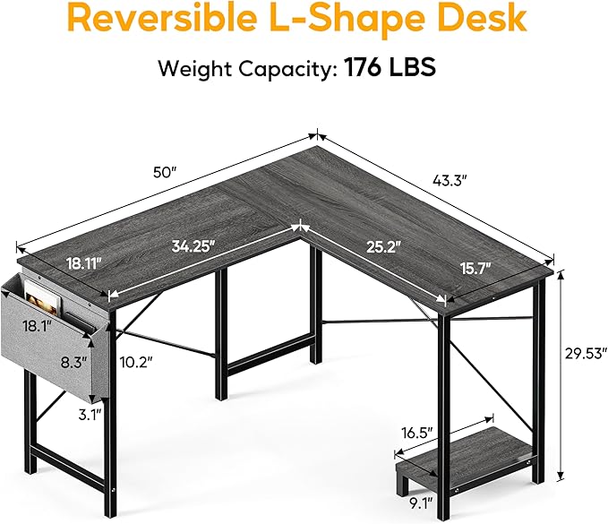 L Shaped Desk Gaming Computer 50 Inch Corner Desks Work Table for Writing Study Student with Wood Tabletop Metal Frame CPU Stand Side Bag for Home Office Small Place Grey