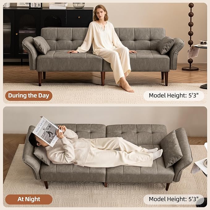 Futon Sofa Bed Sleeper Sofa Small Couch with Storage Adjustable Armrests Pillows Faux Leather Loveseat Mid Century Modern Couches for Living Room Bedroom Apartment Grey