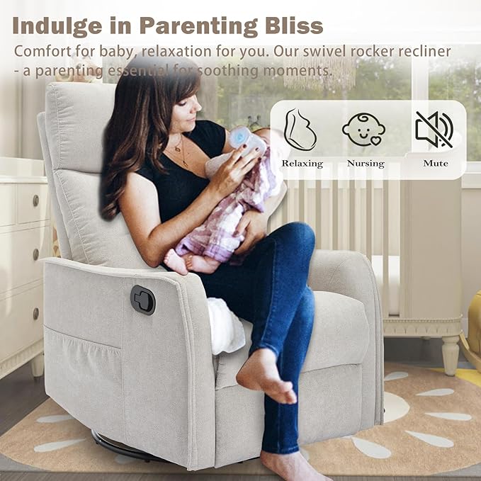 cinkehome Swivel Rocker Recliner Chair with Heated Massage Rocking Reclining Chairs for Nursery Small Spaces High Back Side Pocket