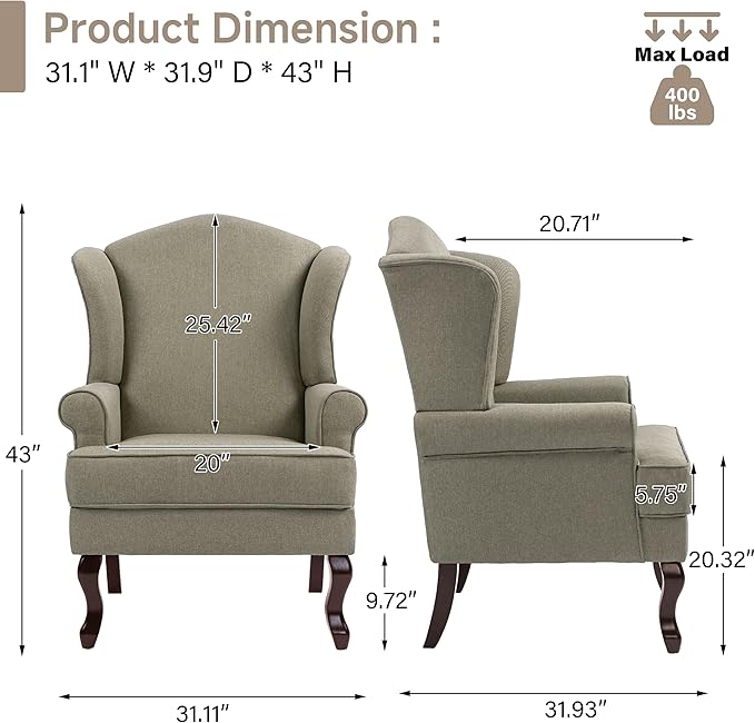 Pia Ricco High Back Floral Accent Chair Upholstered Fabric Armchair with Solid Wood Legs - Retro Living Room Reading Chair Comfortable Single Sofa Seat-Moss Grey