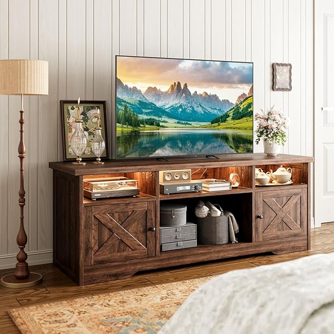 Casaottima TV Stand for 65 Inch TV Farmhouse Entertainment Center with Power Outlet &amp LED Light and Storage Cabinets Console Table and Media Furniture for Living Room Bedroom Walnut