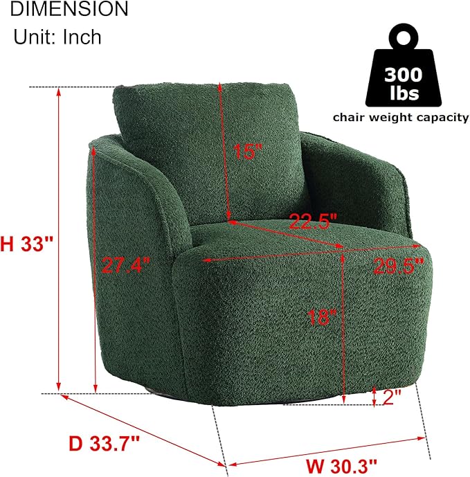 Upholstered Swivel Barrel Chair 31 Wide Modern Fabric Ergonomics Single Sofa Chair Living Room Bedroom Accent Chair Comfy Club Swivel Chair (Boucle Green)