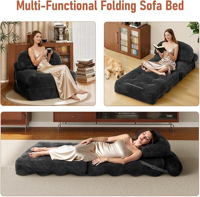 Folding Sofa Bed Convertible Sleeper Chair with Back Support and Pillow FutonBoneless Foldable Couch for Living Room/Guest Use/Home Office Foldable Chair Bed for Adults Black