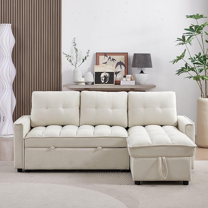 Reversible Sectional Sleeper Sofa - Pull Out Sofa Bed Couch with USB and Tape-c Charging Ports L-Shape Sleeper Sectional Couch for Living Room Office and Small Apartment (Beige)