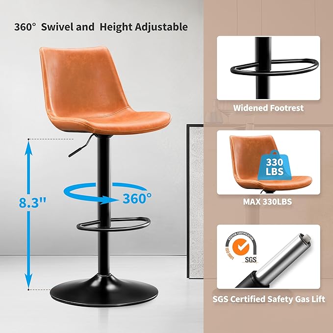 Vintage Bar Stool Height Adjustable Crazy Horse Leather Bar Chair X-Large Base and Seat Bar Stools Ergonomic Bistro Stool with Footrest for Kitchen Dining Bistro Pubx Set of 2 Whisky Brown