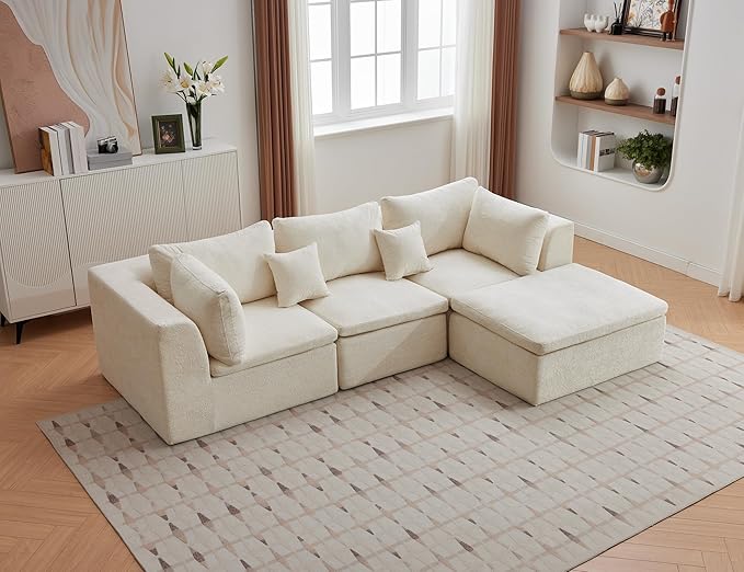 110 Cloud Sectional Couches for Living Room Convertible L-Shape Boneless Couch with Ottoman 3 Seater Modular Sectional Sofa Cream