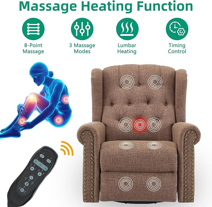 VIVIJASON Power Swivel Rocking Recliner Chair with Massage &amp Heat Electric Rocker Nursery Glider Chair Wingback Tufted Upholstered Recliner W/Type-C &amp USB Ports for Living Room Bedroom Bro