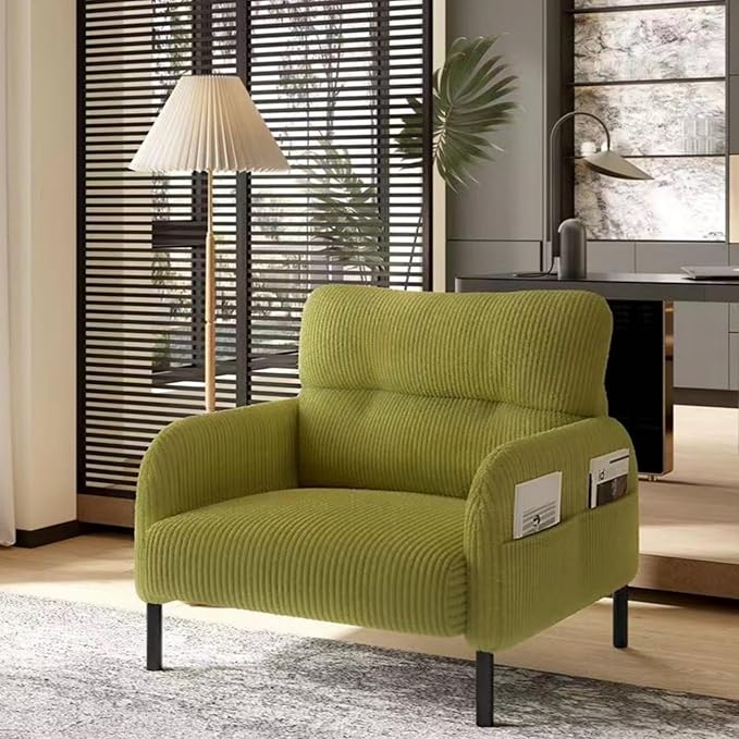 Olive Green Accent Chair - Corduroy Living Room Chairs with Side Storage Pockets and Durable Legs Comfy Arm Reading Chair with Soft Backrest for Bedroom Balcony Study Room