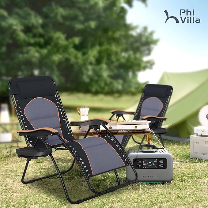 PHI VILLA XXL Oversized Padded Zero Gravity Chair Foldable Patio Recliner 30 Wide Seat Anti Gravity Lounger with Cup Holder Support 400 LBS (Black &amp Orange Accents)