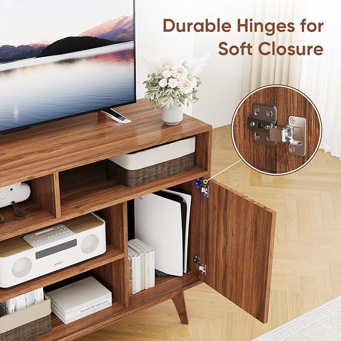 Concho Fluted TV Stand for 60 Inch TV Modern Entertainment Center with Storage and Shelves Wood TV Console with Solid Wood Legs Tall Media Console TV Cabinet for Living Room and Bedroom Walnut