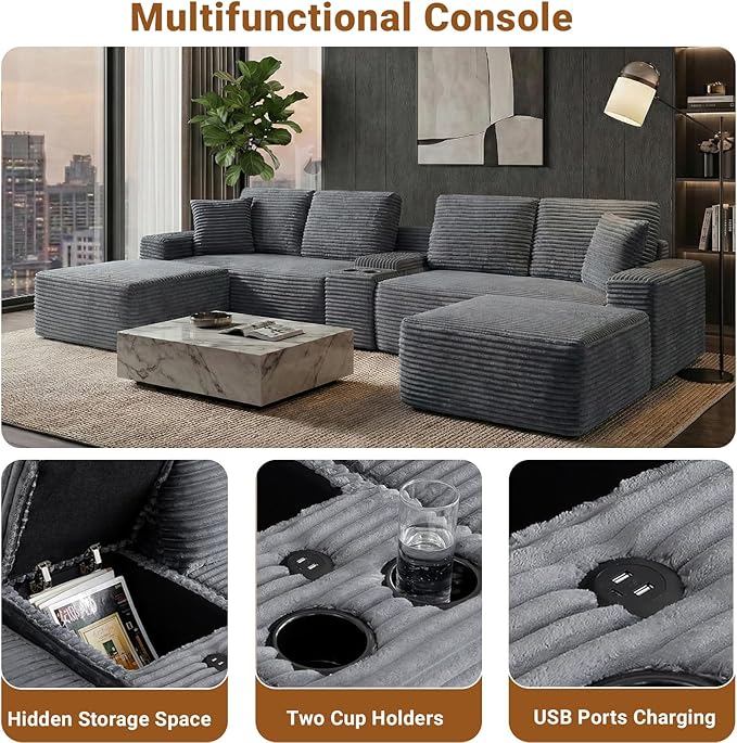 151 U-Shaped Sectional Couch 6-Seater Oversized Modular Sectional Sofa with USB Port &amp Storge Console Modern Corduroy Boneless Cloud Couch for Living Room No Assembly RequiredGray