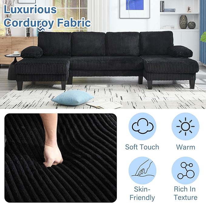 114 Sectional Couches for Living Room Corduroy Deep Seat Cloud Couch Double Chaise U Shaped Sofa