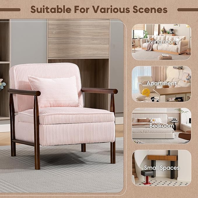 Yoglad Accent Chair with Storage Corduroy Fabric Reading Chair with Wood Frame Mid Century Modern Storage Armchair for Living Room Bedroom Apartment(Light Pink)