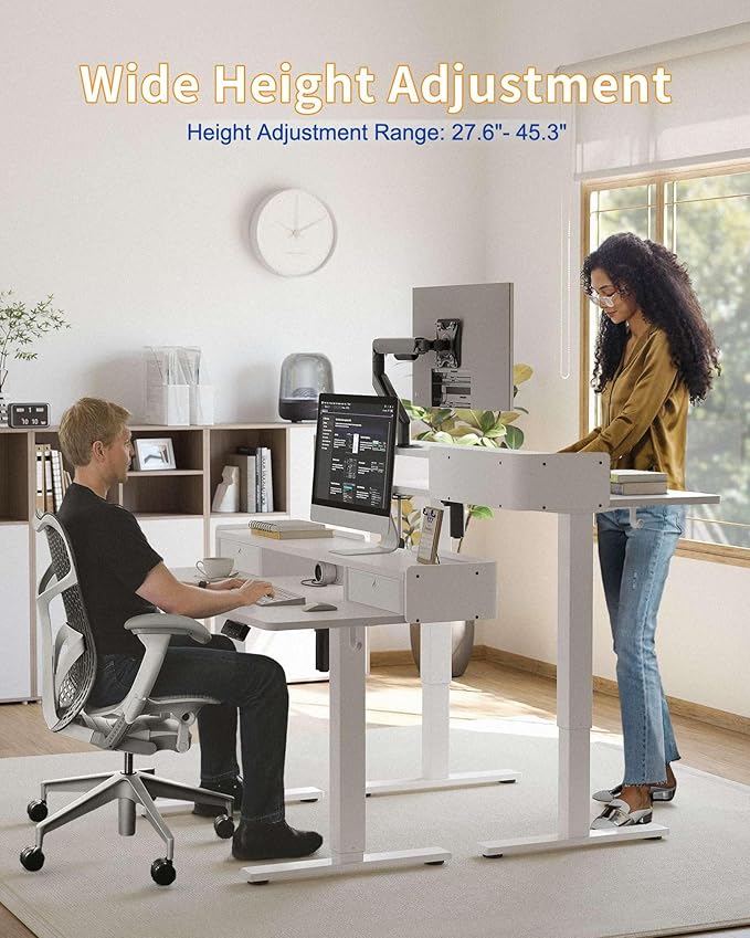 YIHAYO Electric Standing Desk with Drawers 60 x 24 Inches Adjustable Desk with Storage Shelf Computer Table with Splice Board for Home OfficeWhite Frame/White Top