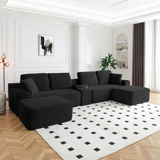 150 Inch Modular Sectional Sofa Couch Oversized Modern Cloud Couch for Living Room U Shape Couches with 2 Ottomans USB Ports and Cup Holders Black Corduroy Boneless Sofas Sofa in a Box