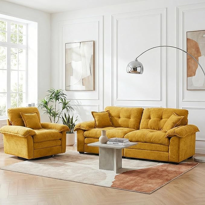 Modern 84 Loveseat &amp 360° Swivel Accent Chair Combo Set Plush Chenille Fabric with Padded Seat &amp 3 Decorative Pillows for Apartment Living Room Bedroom Home Office (Yellow 2-Piece Set)