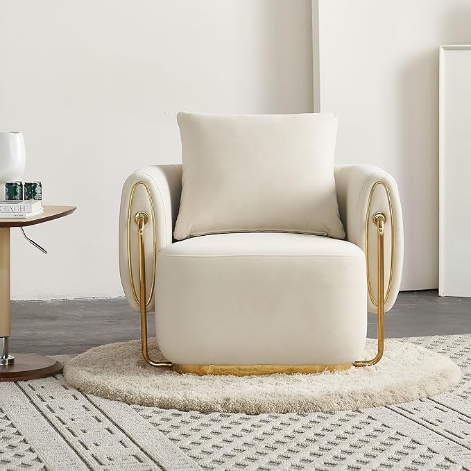 35.83'' W Luxury Modern Single ChairAccent ChairArm Chair for Living RoomBedroomWaiting RoomStainless Steel e and Base in Gold ColorUpholstered Soft Velvet Beige Color