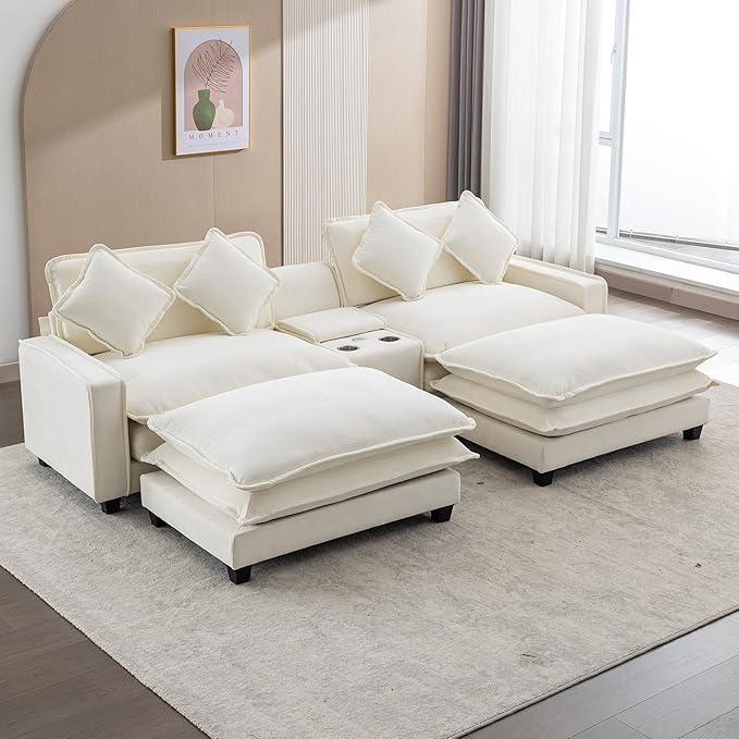 Sectional Sofa Chenille Upholstered with 2 Removable Ottoman 2 USB Ports 2 Cup Holders Large Storage Box for Living Room