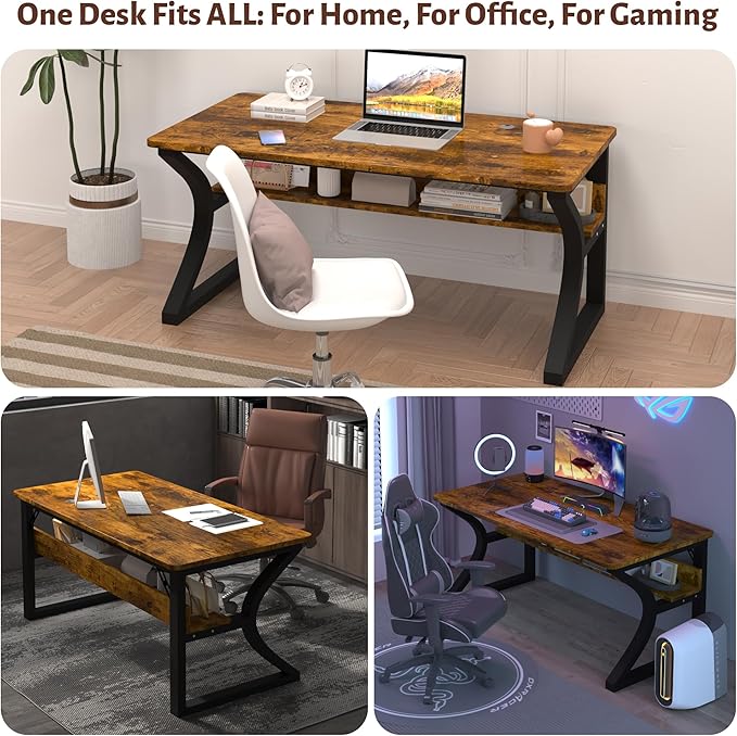 StarGraph Computer Desk 47 Inch Large Computer Desk with Storage Shelf Home Office Desk with C Shaped Metal Frame Writing Work Study Student Home Bedroom Office (Brown 47inch)