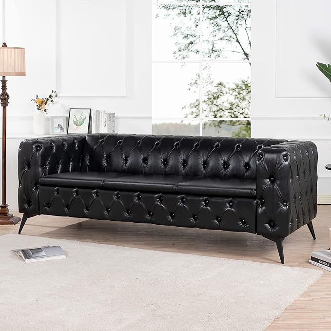 KEVINSPACE 84.06 3 Seater Sofa for Living Room Modern Chesterfield Sofa Couch Furniture Three-seat Sofa Classic Tufted Chesterfield Couch Tufted Back for Bedroom Office Apartment Black