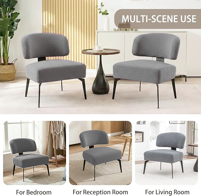 Modern Sherpa Accent Chair Set of 2 Round Boucle Upholstered Barrel Arm Chair for Small Spaces Fluffy Side Corner Sofa Chair for Living Room Bedroom Vanity Office Reading Room(Grey)