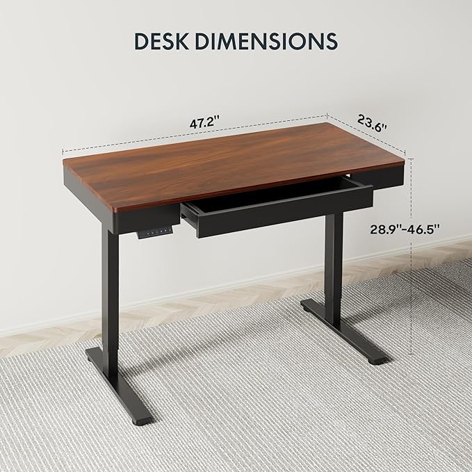 FLEXISPOT Q5 Standing Desk with Drawer 48 x 24 Inch Electric Adjustable Height Stand Up Desk with Storage Organizer Whole Piece Wooden Desktop for Home Office Computer Workstation Dark Walnut