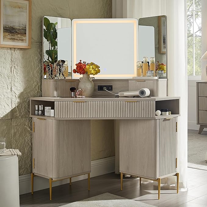 T4TREAM 48 Fluted Makeup Vanity Desk with HD Triple Mirror and Lights Large Lighted Corner Vanity with Glass Top Modern Dressing Table with 3 Drawers &amp 2 Cabinets for Bedroom White Alder