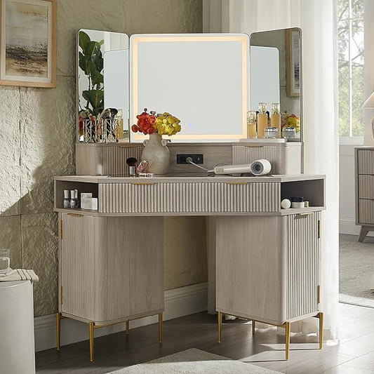 T4TREAM 48 Fluted Makeup Vanity Desk with HD Triple Mirror and Lights Large Lighted Corner Vanity with Glass Top Modern Dressing Table with 3 Drawers &amp 2 Cabinets for Bedroom White Alder