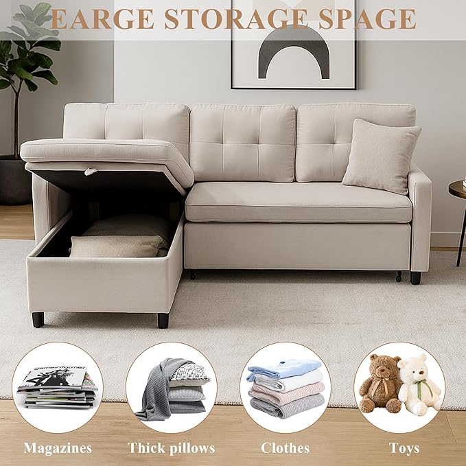 Sleeper Sofa Couch Oversized Pull Out Couch Bed with Storage Chaise Sectional Sleeper Sofa Bed for Living Room (Beige Single)