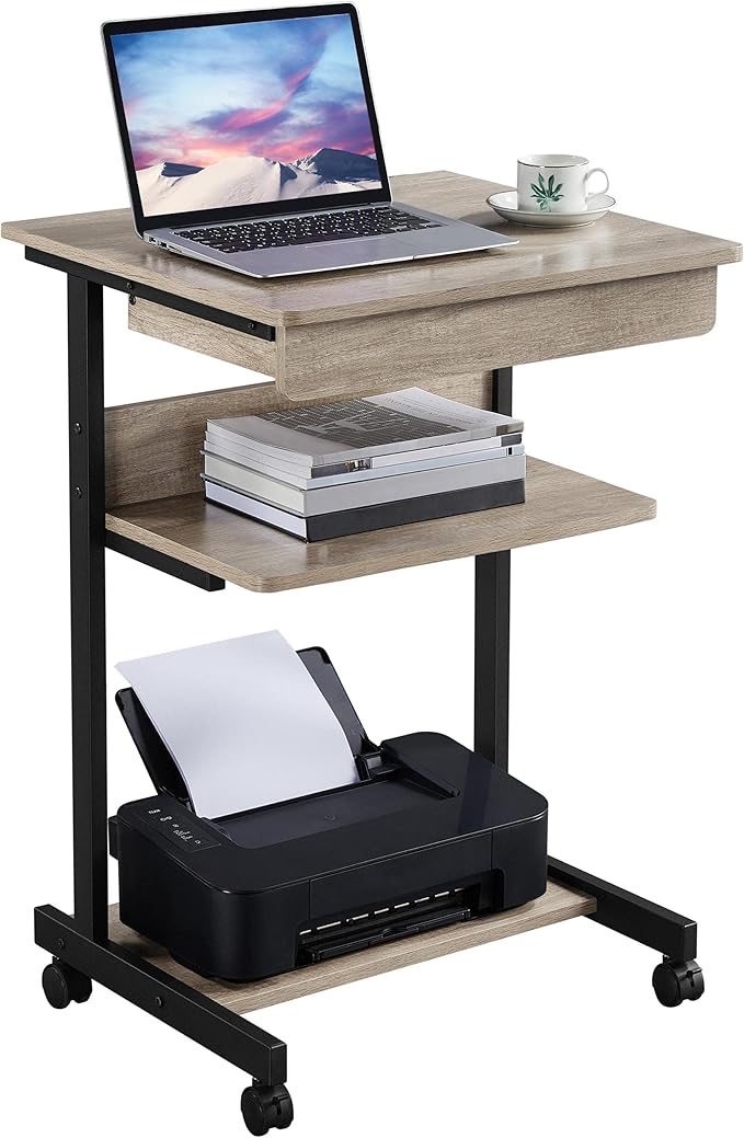 Topeakmart Gray Art Deco Desk Rolling Computer Desk Cart with Drawer Small Space Solution for Writing Laptop PC 22 x 20.1 x 31.5 inches
