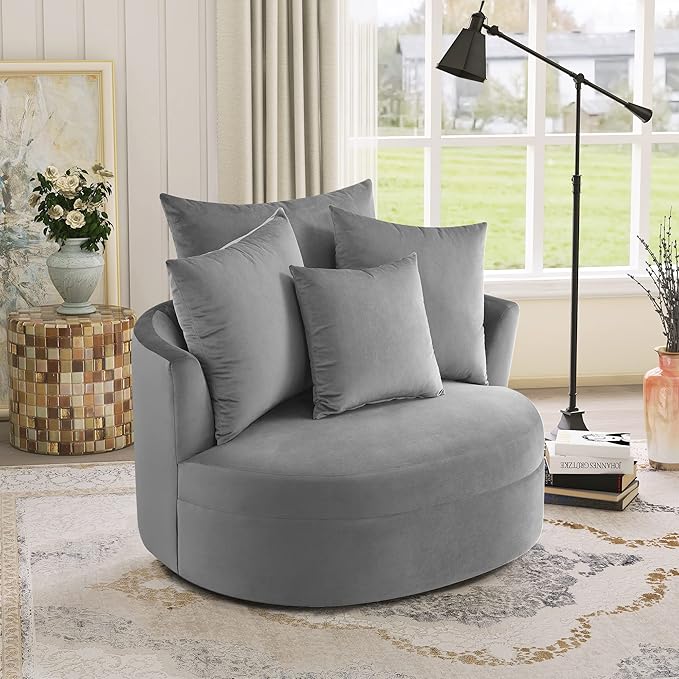 Modern Velvet Leisure Chair 360° Swivel Barrel Chair with 4 Movable Pillows and Metal Base Perfect for Living Room Bedroom Office Reception Area (Gray/Velvet+S)