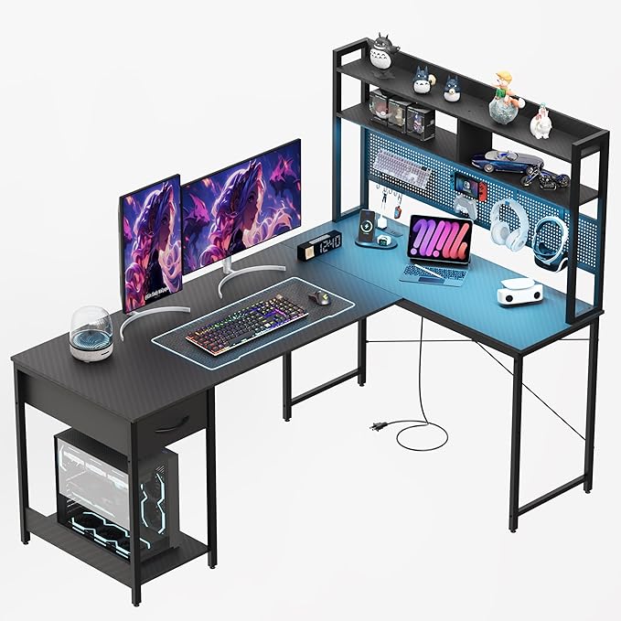 Apicizon L Shaped Gaming Desk 53 Reversible Corner Computer Desk with LED Lights Carbon Fiber Surface Pegboard with Hooks Drawer &amp PC Tower Stand USB Charging Port