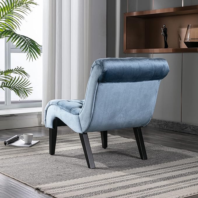 Yoluckea Modern Upholstered Accent Chair S-Shape Armless Lounge Chair for Bedroom Living Room Comfy Velvet Chaise Chairs with Button Tufted Back and Solid Wood Legs Light Blue
