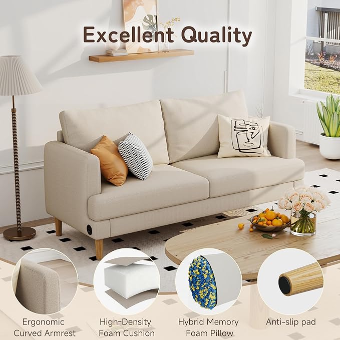 70 Modern Loveseat Sofa with USB Type-C Ports Linen Fabric 2-Seater Deep Seat Couch Cozy Small Couch Sofa for Living Room Bedroom Office Apartment (Beige)