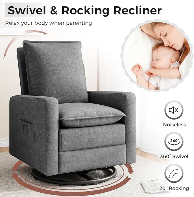 Rocker Recliner 360 Swivel Recliner Chair for Adults Fabric Chair with High Back Adjustable Push Back Overstuffed High-Density Sponge Reclining for Living Room Home Theater Nursery Bedroom