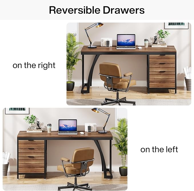 Tribesigns 59 Inch Computer Desk with 3 Drawers Industrial PC Desk Study Writing Table Workstation with File Storage Home Office Desks with Large Desktop and Metal Frame (Walnut)