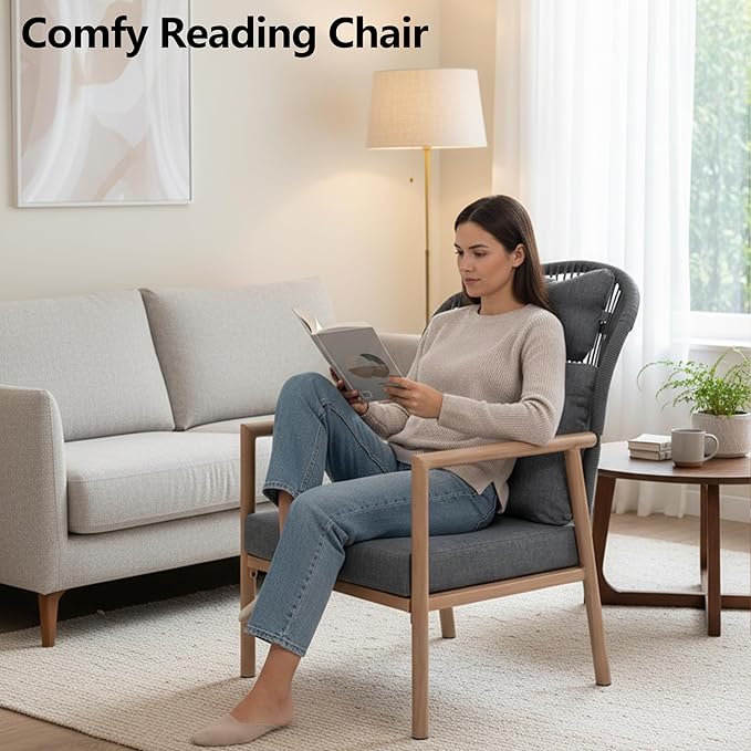 DAYRAUS Living Room Chairs Accent Chairs Set of 2 with Coffee Table Rattan Braid Arm Chair Comfy Reading Lounge Chair 3 Pieces Living Room Furniture Sets Bedroom Armchair for Outdoor Dark Gray
