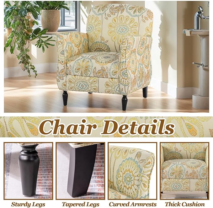 Floral Accent Chairs &amp Arm Chair for Living Room Fabic Side Chairs for Bedroom with High Back &amp Wood Legs