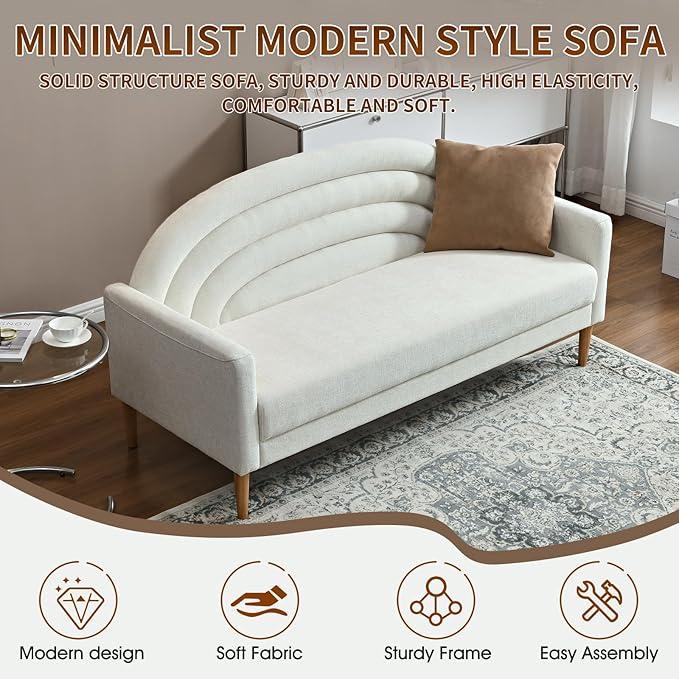 YUHUASHI Stylish Rainbow Sofa 3-Seater Sofa Sturdy Solid Wood Legs for Studio Bedroom Home Office 64-Inch Wide Linen Fabric (64 Three-Person Sofa Cream)
