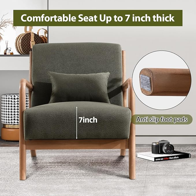 INZOY Mid-Century Modern Accent Chair Set of 2 Green Reading Armchair with Waist Cushion Upholstered Living Room Chairs for Bedroom Sunroom