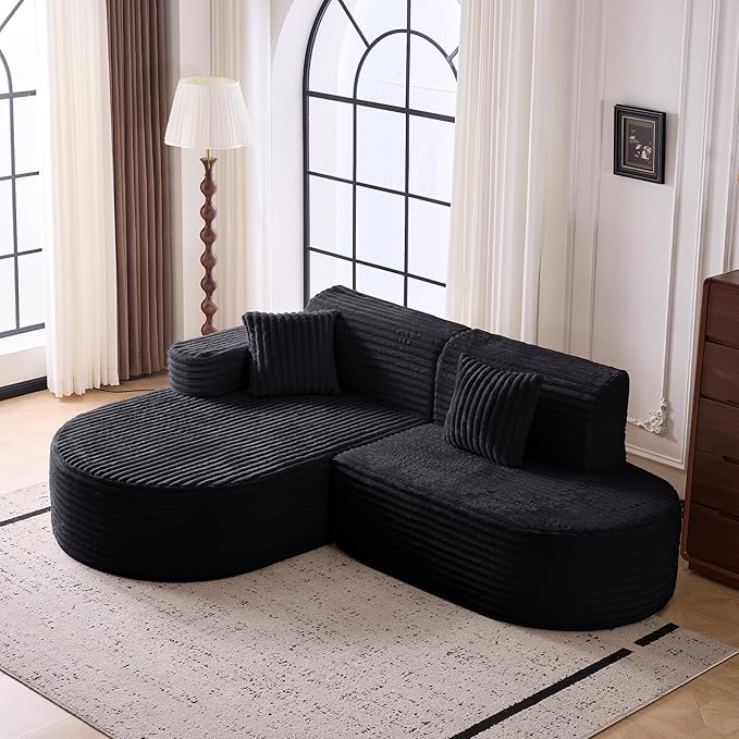 Modern Curved Boneless Sofa Couch L-Shaped Corner Sofa Corduroy Upholstered Cloud Sectional Couch for Living Room Bedroom and ApartmentNo Assembly Needed(Black Left Hand Facing)
